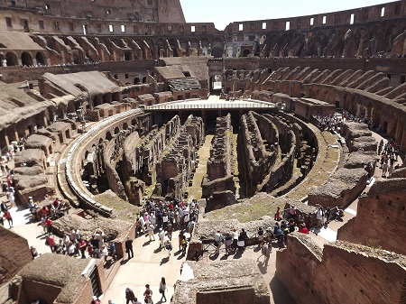 This is an image of an ancient Roman colosseum seen from an aerial perspective.