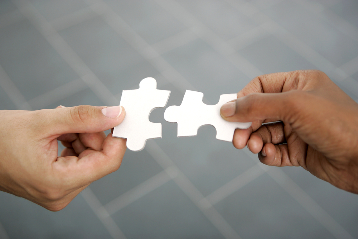 An image of two puzzle pieces being joined together with the title interdependence.