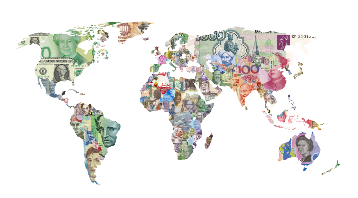 This is a map of the world, with each country shaded in with an image of one of its most recent types of currency.