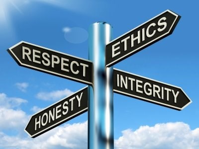 This is an image of a sign pointing in four different directions: Respect, Ethics, Honesty, Integrity.