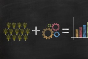 This is a graphic of showing an equation of lightbulbs plus gears equals success.