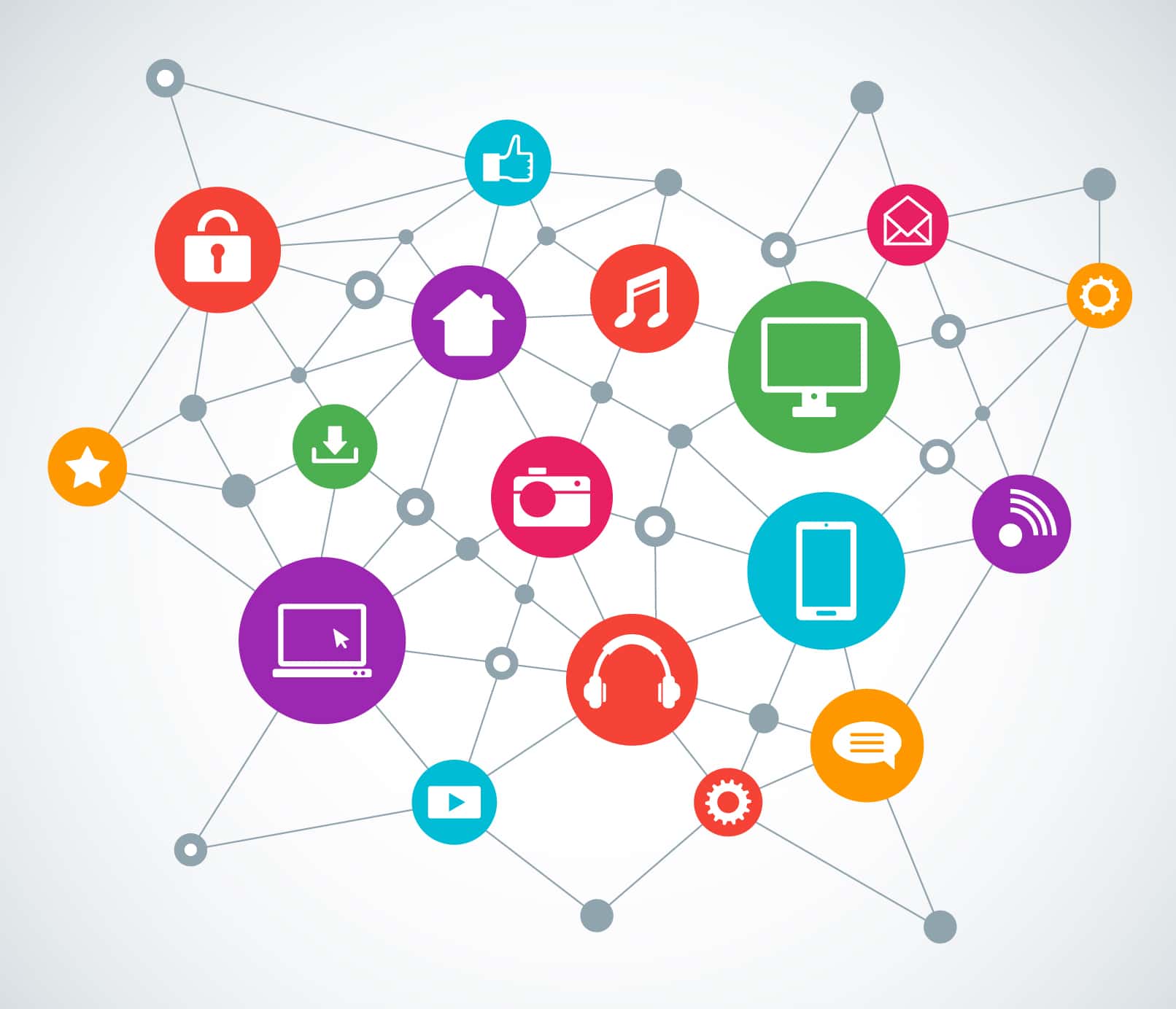 An image of computer, email, and social network icons connected by a web of lines.