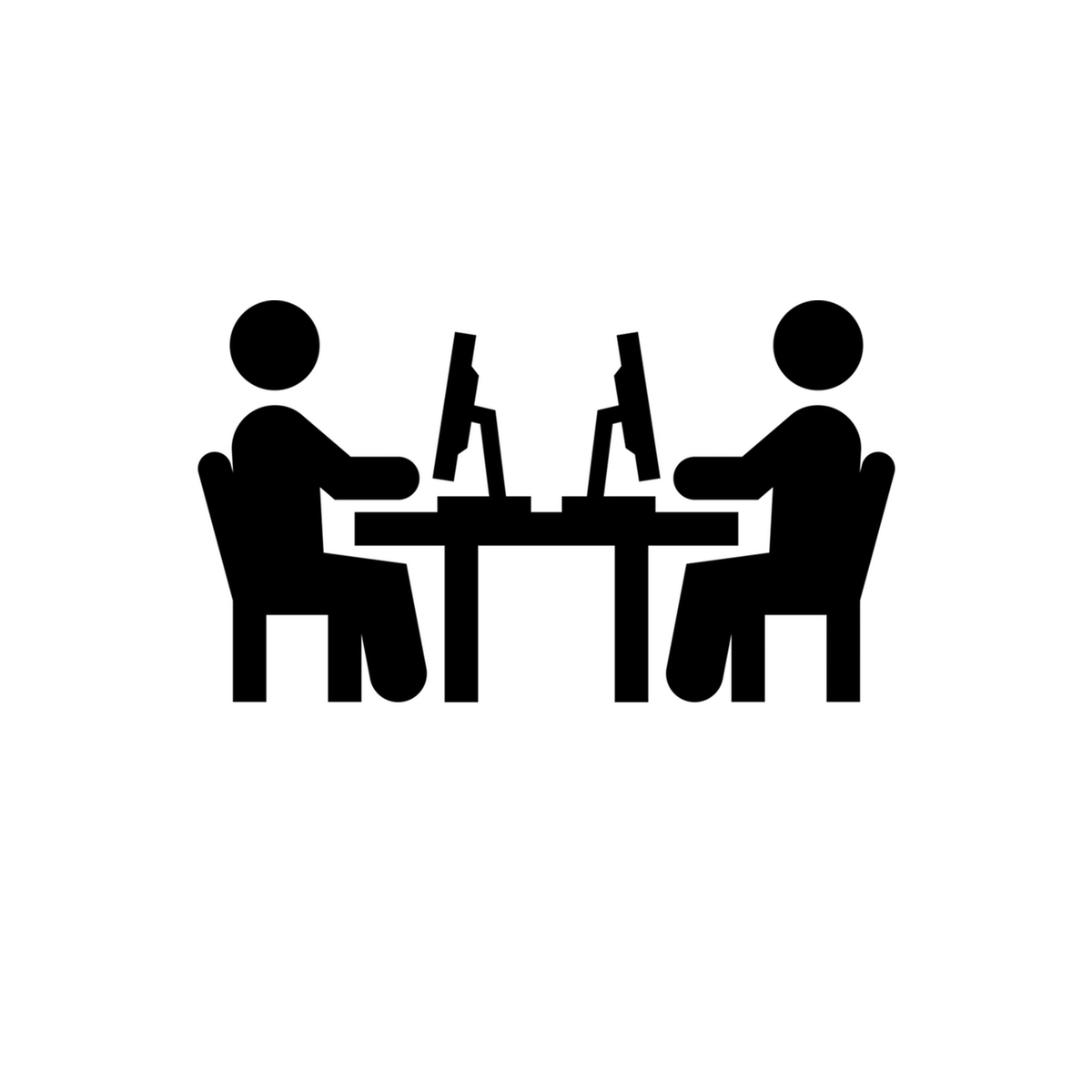 Images of two silhouettes working at computers, facing each other.