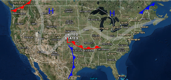 Satellite image showing  low pressure systems and high pressure systems separated by the jet stream.