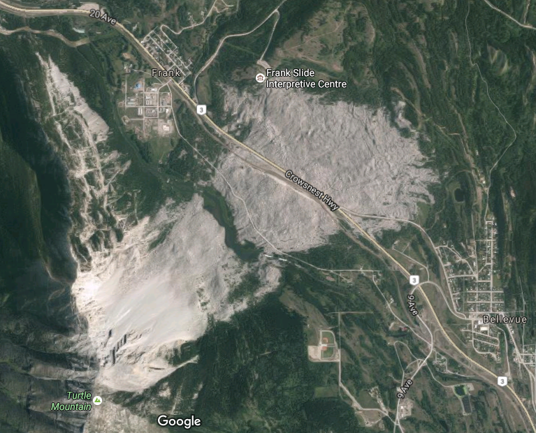 Satellite image showing a grey outline where the Frank Slide happened.