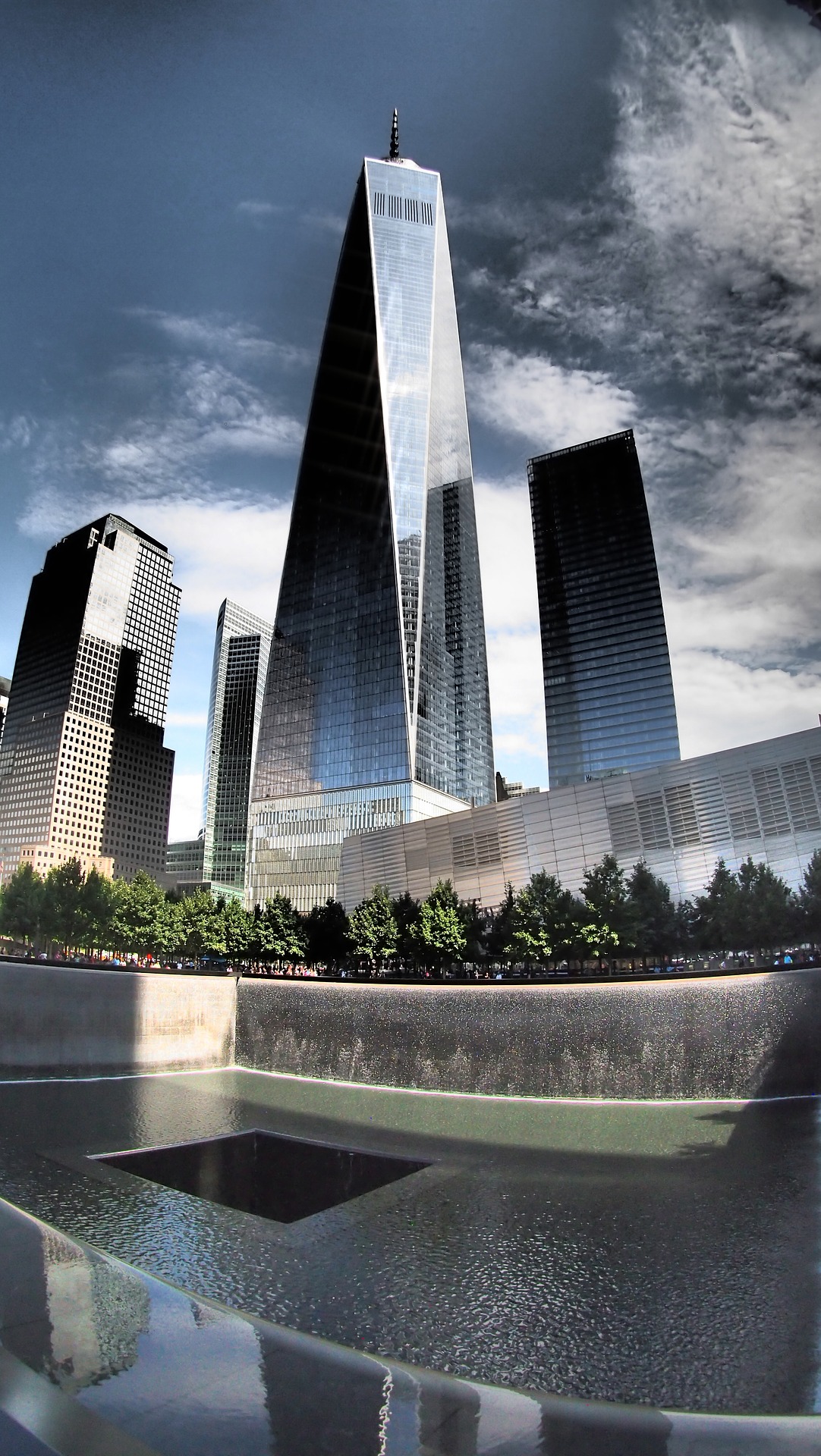 This is a photograph of the memorial that now sits on the site of the demolished twin towers.