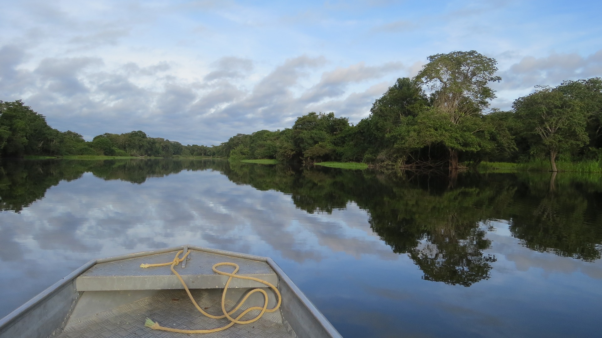 This is a photograph taken of the bow of a river boat travelling along a river with jungle on either bank.