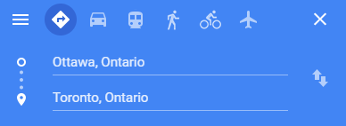This is a screencapture of a map tool showing that you could travel from Ottawa to Toronto by car, train, walking, bike, or airplane.