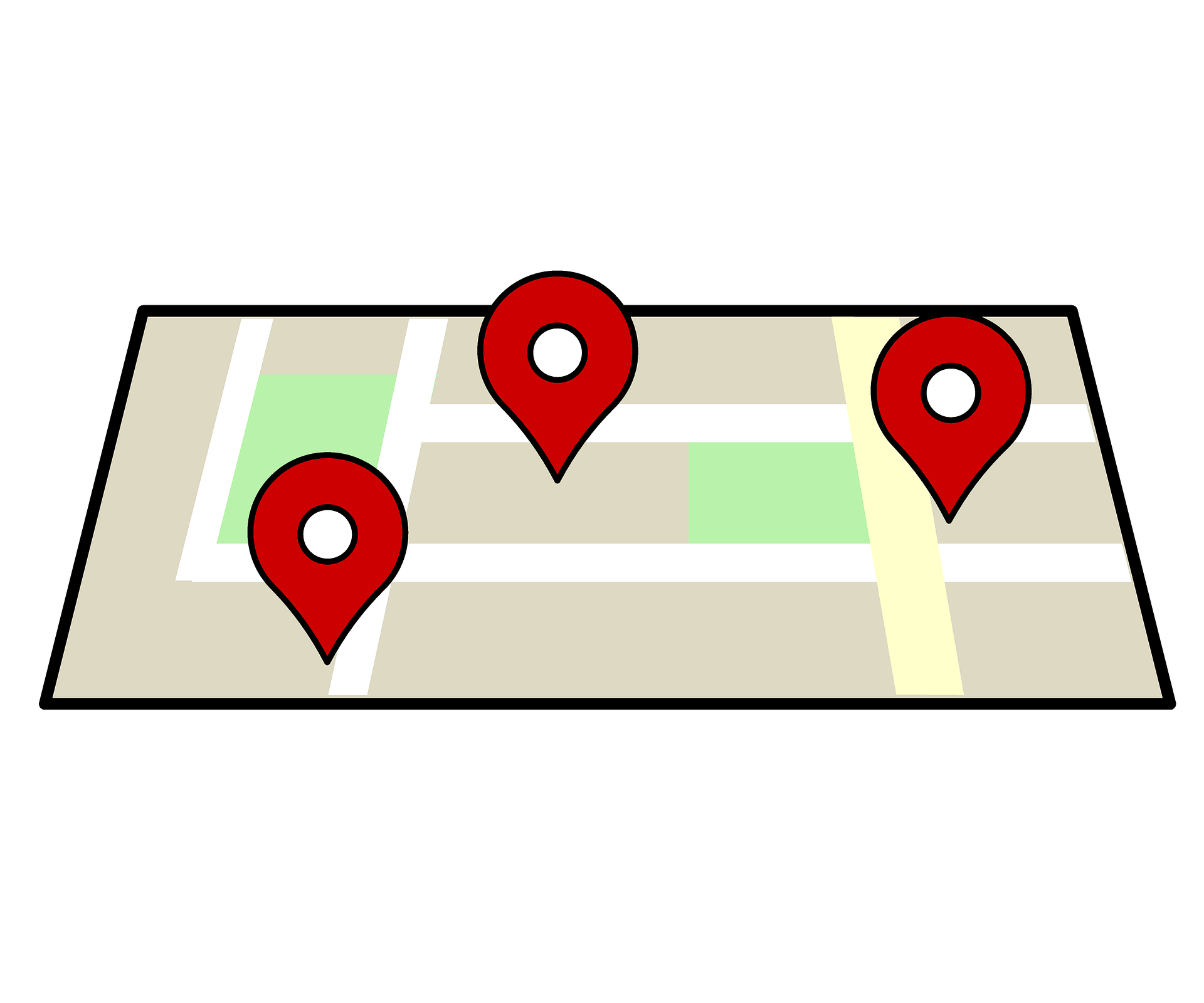 This is a drawing of a map with three red ‘you are here’ pins placed on it.