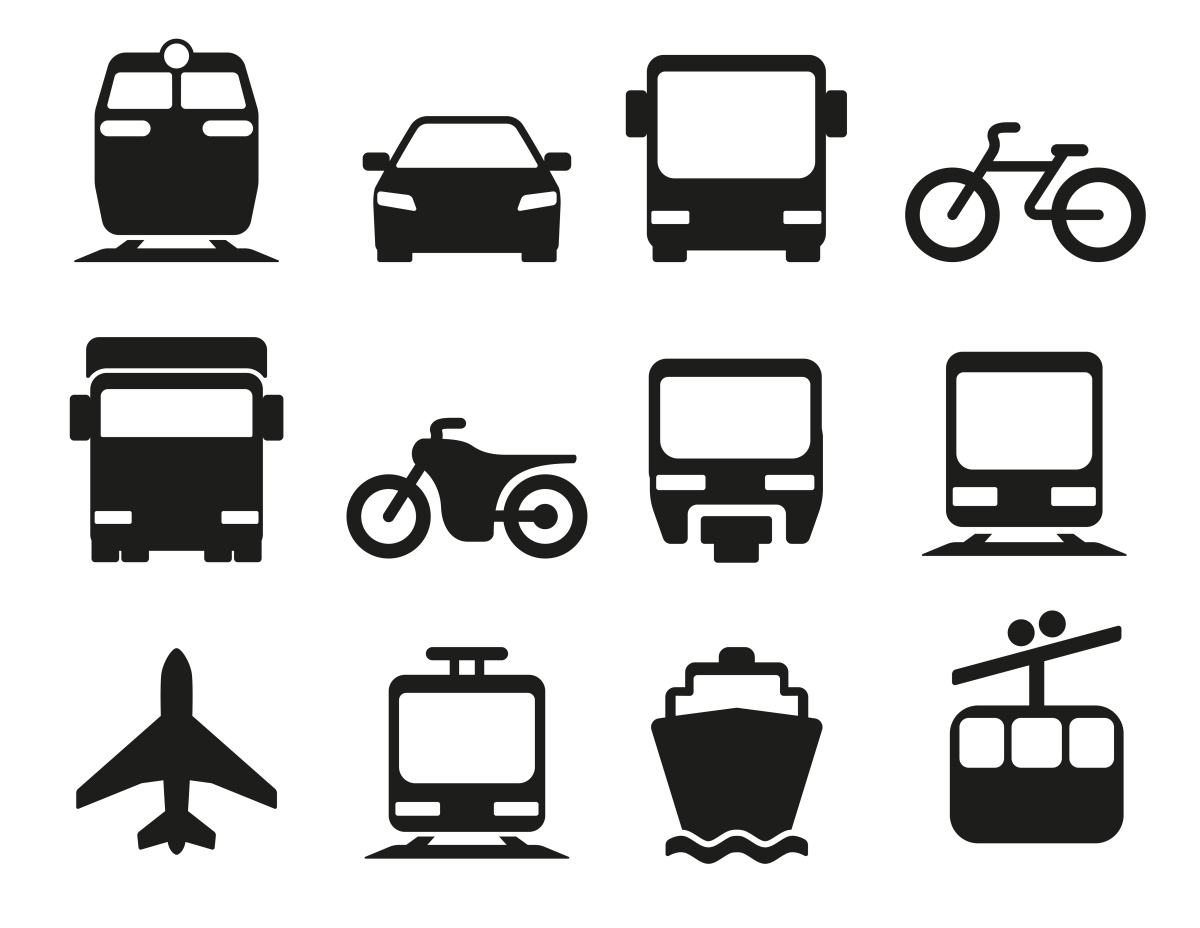 This is an image of symbols representing various forms of transportation: airplane, train, boat, trolley car, bicycle, car, motorcycle, bus.