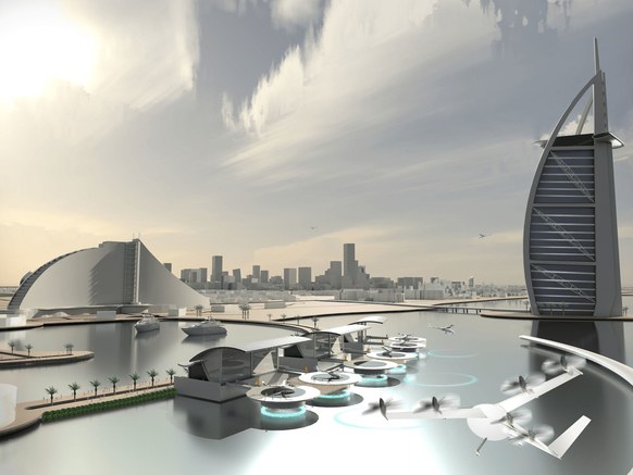This is an artist’s rendering of the Dubai skyline with a flying car (complete with six rotary blades on top) approaching a landing pad.