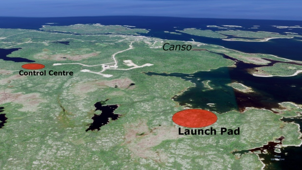 This is a map of the proposed launch pad and control centre, both shown in relation to Canso, Nova Scotia. The map indicates that this is an unpopulated, forested area near the shore.