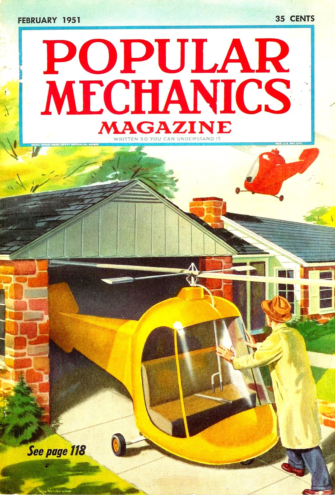 This is a magazine cover from Popular Mechanics in 1951, which shows a man in an overcoat and hat pushing a helicopter backwards into the open garage door of a normal suburban house.