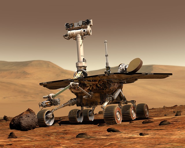 This is an artist’s rendering of the Mars Rover on the surface of Mars.