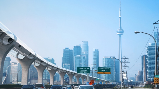This is an artist's rendition of an elevated hyperloop track running through Toronto. 