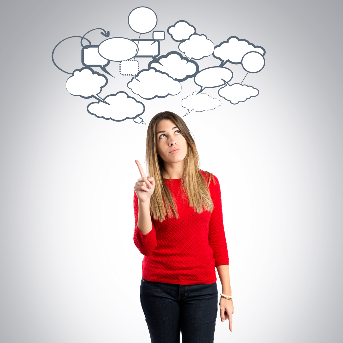 This is a photograph of a teenage girl with thought bubbles surrounding her head.
