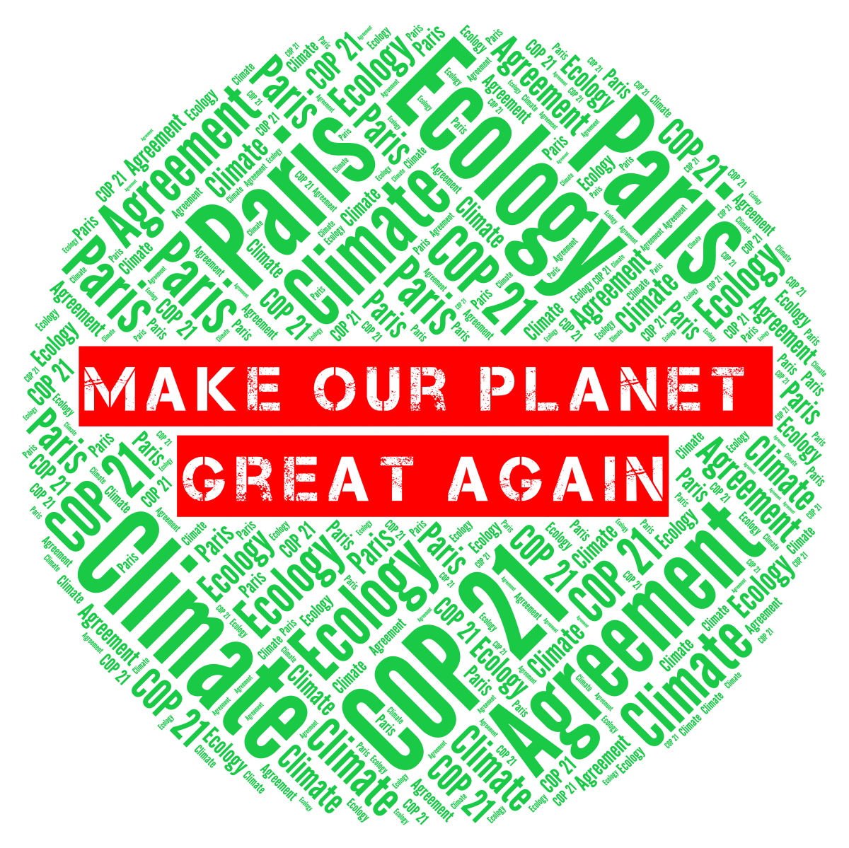 A collection of words including Paris, Agreement, Climate, COP21 are forming a circle. In the centre of the circle are the words Make Our Planet Great Again.