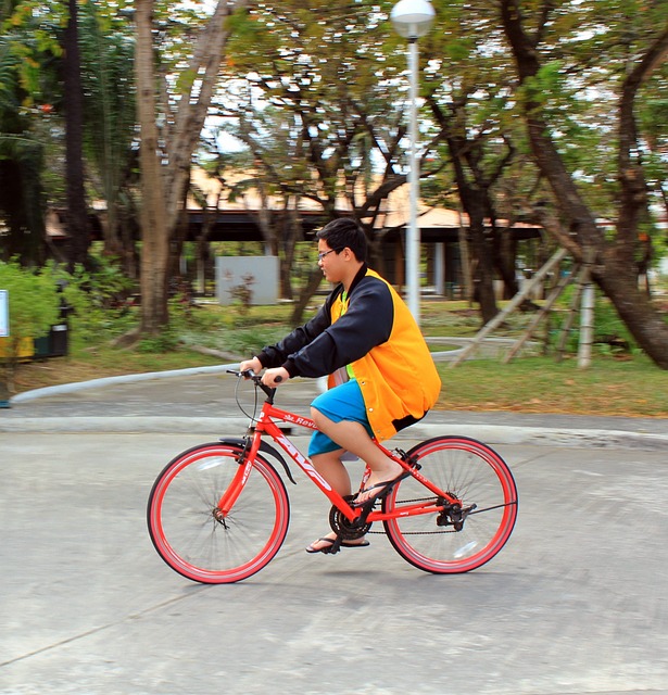 A young boy is riding his bike on a path.  He is wearing a white helmet.