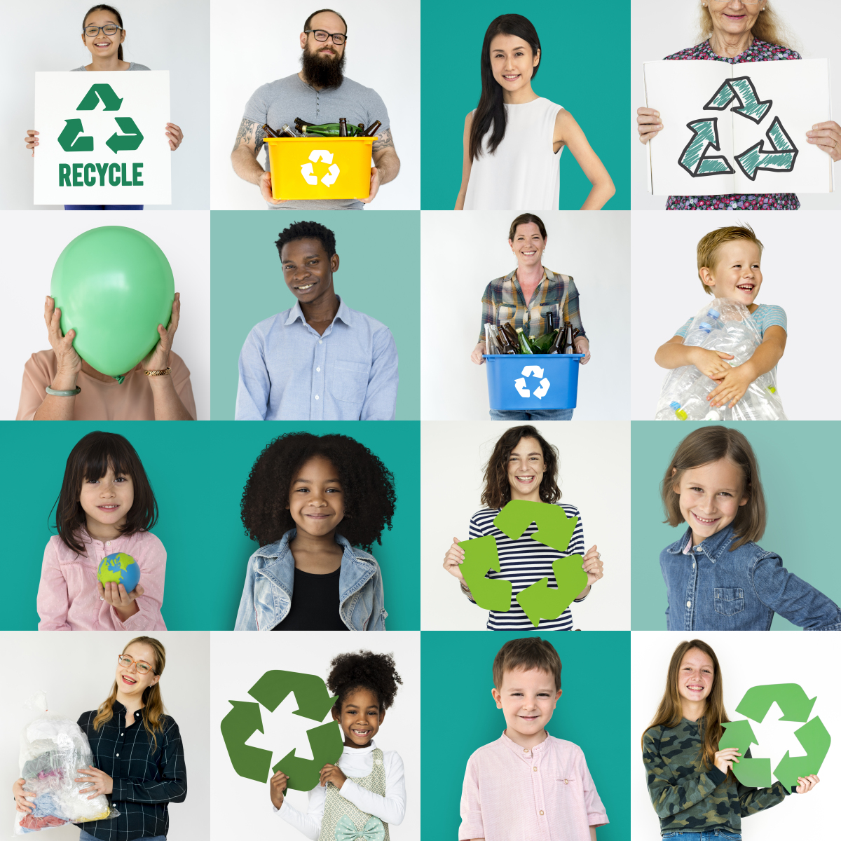 A collage containing a variety of people of holding different symbols of recycling is pictured.