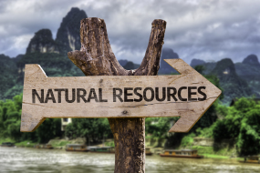 A wooden arrow shaped sign says Natural Resources. The sign is posted on a branch and there is a forest in the background.