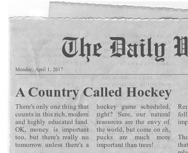This is  a Newspaper headline that reads A Country Called Hockey.