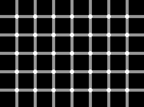 This is a grid made up of 48 black squares which are divided by a series of  five horizontal and seven vertical lines. Dots appear at the intersection of the lines. As you view the grid from left to right and from top to bottom, the dots appear to change from black to white. It's an optical illusion.