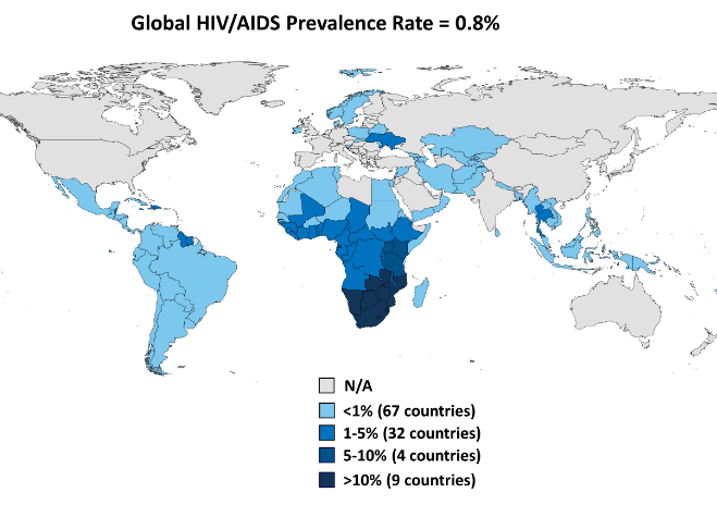 This is a map of Global Adult HIV Prevalence Rate, 2014.  The darker the blue, the higher the prevalence of HIV (over 10%); the lighter the blue, the lower the prevalence of HIV (under 1%).
