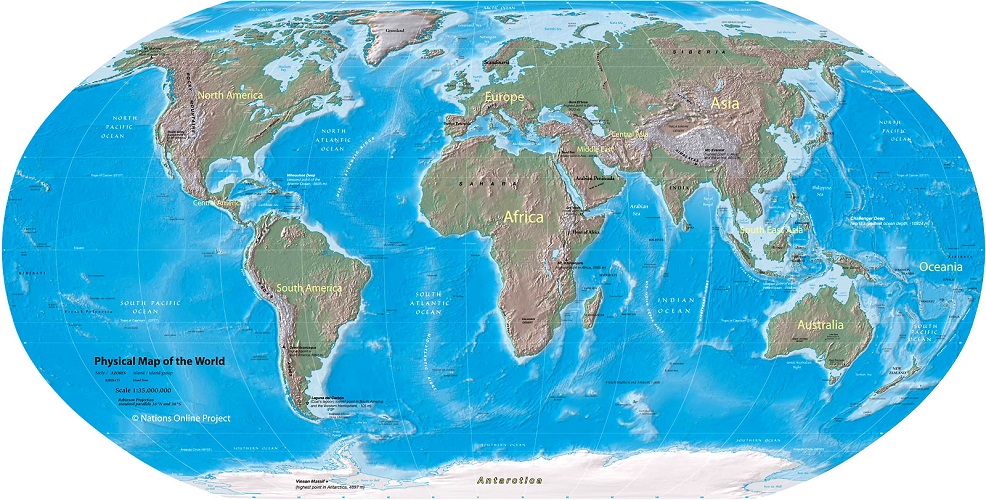 This is a physical map of the world depicting the continents, landmasses, oceans, regions, and mountain ranges at a scale of 1:35,000,000.  The map is a Robinson projection where Africa is in the centre of the map with North and South America to west, Europe and Asia to the north and north east and Oceania far east.