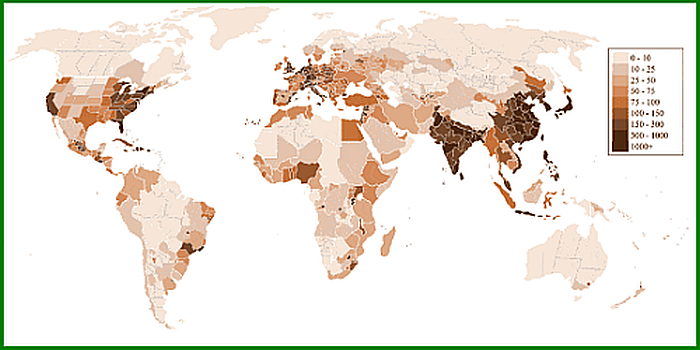 This world map uses colour to show the density and location of humans. The darker the colour, the higher the population density. Highest densities are found in Eastern Europe, India, China and Japan.