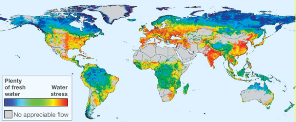 This world map uses colour to show the level of available fresh water that different regions of the world enjoy. Europe, USA, India and China show the highest levels of freshwater stress