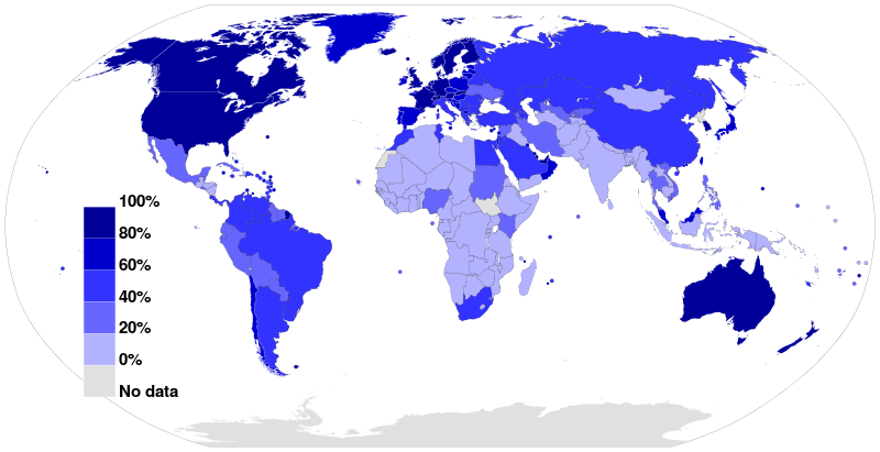 A choropleth world map shows the level of Internet penetration (number of Internet users as a percentage of a country's population) with increasing intensity of the colour blue. The pattern that is evident matches quite closely to the level of development with MEDCs in dark blue and LEDCs in paler shades of blue.