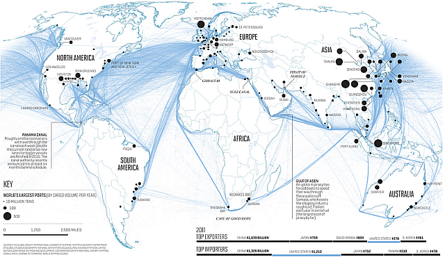 A world map showing shipping routes.  The countries are in black and white and the shipping routes are blue lines.  The areas around Europe, North America and South Asia have the most lines.  Africa and South America have the fewest.