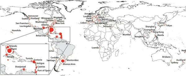 A line drawing world map including an insert detail map of the Caribbean.  Cities around the world are shown with different sizes of red circles.  The size of the circle increases with the risk of contracting the Zika virus (carried by mosquitos).  The map shows a mixture of solid and hollow circles indicating different species of mosquitos.  The largest circles are in Central America, the Caribbean, the north coast of  South America and the east coast of the  United States.  Other clusters of larger circles are in Europe.