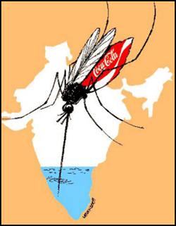 This picture has an orange background with an outline of the map of India. One quarter (south) of the map is blue representing water and the remainder of the map is white. There is a large mosquito with a Coca Cola can as its abdomen. The proboscis (stinger) is submerged in the section of the map that represents water and it appears that the mosquito is sucking the water out of the India.