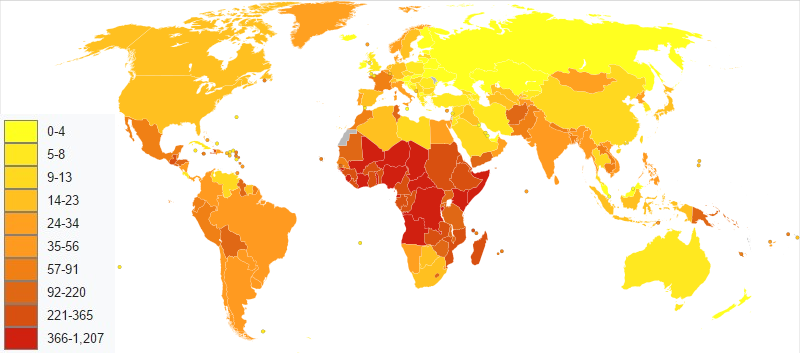 This is a world map showing the percentage of malnourished citizens for different countries. Colours are used to indicate different percentage. The highest rates tend to be southern Africa and the lowest rates in North America, Europe and northern Asia.  