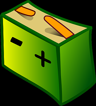 This is an image of a green box with black plus and minus signs printed on its side.