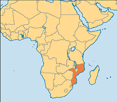 This is a political map of Africa and the Middle East.  Mozambique is shaded in orange and the rest of the African and Middle Eastern countries are shaded in yellow.
