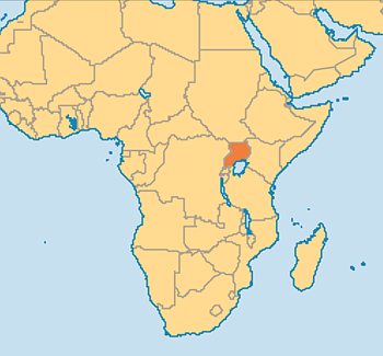 This is a political map of Africa and the Middle East. Uganda is shaded in orange and the rest of the African and Middle Eastern countries are shaded in yellow.