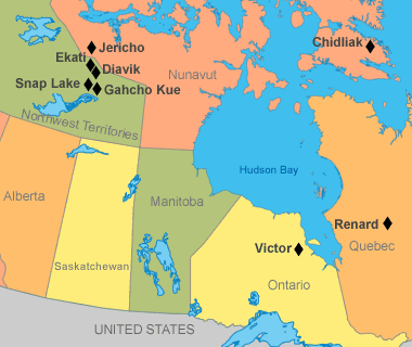 This is a map showing northern Canada. The location of diamond mines is indicated with diamond symbols. One mine is located in northern Ontario, 4 in the Northwest Territories and 2 in Nunavut.