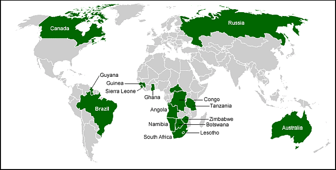 This is a world map depicting diamond producing countries. Green is used to indicate diamond producing countries.