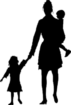 A silhouette of a woman holding one child and another child holding her hand.