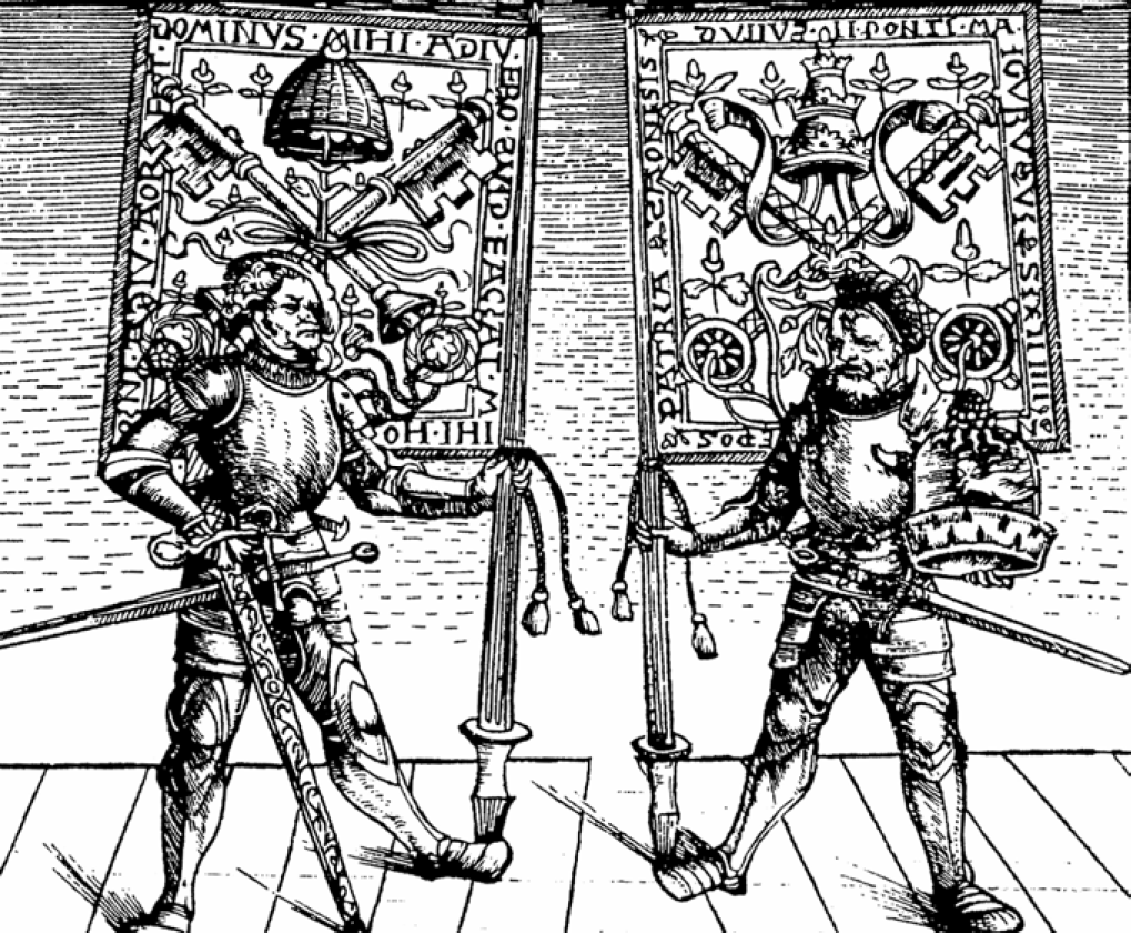In this image, two heralds stand in front of the Pope’s two banners. Both men are wearing armor and swords.