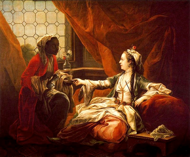 A painting of Madame de Pompadour. She is reclining on a rich red sofa, surrounded by rich, red velvet curtains. She is wearing robes in a turkish style, though more fitted. She is wearing a hat that resembles a turban. She is taking a cup from an African woman who appears to be her servant or slave who is holding a silver coffeepot.