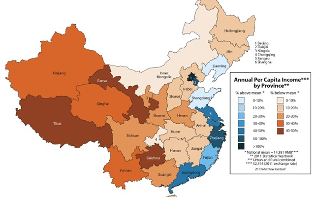 This is a map of Chinese provinces. The provinces are shown in different colours depending on their annual per capita income. The general trend shows that the eastern, coastal provinces have higher income than the western, inland provinces.
