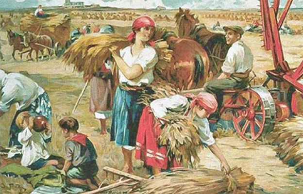 This poster shows women gathering up wheat from a field. Children are playing on the ground nearby. There is a man on a horse-driven machine. In the background there are endless stacks of wheat and more horse-driven wagons picking up the crops. Everyone looks happy and the poster is very colourful.