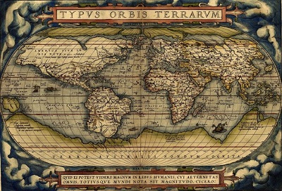 This is a map of the world from 1570. Some regions, like Europe, are quite accurate, while other sections, like the Americas, are distorted. The center of the map is runs through the Atlantic, meaning that Europe and West Africa appear to be at “the center of the world”.