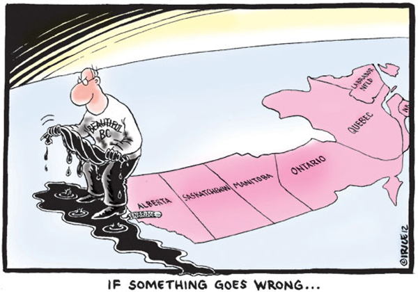 This cartoon shows a map of Canada with a man standing where British Columbia should be.  He is holding the piece of map representing BC and wringing out oil as a puddle of oil surrounds his feet.  The caption says 