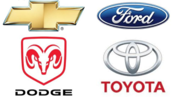 This is an image of symbols for Dodge, Ford, Ram and Toyota.