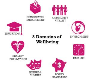 This image shows a wheel with eight domains of wellbeing on it.  These eight domains are democratic engagement, community vitality, environment, time use, living standards, leisure and culture, healthy populations and education.
