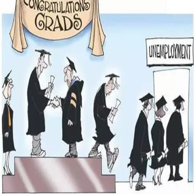 This is a comic showing graduates walking onto a stage, getting their diplomas then walking through a door with a sign of Unemployment.